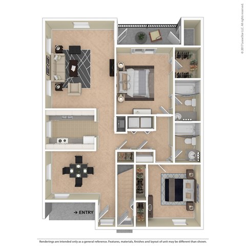 A floor plan of an apartment with a kitchen, living room, and two bedrooms.